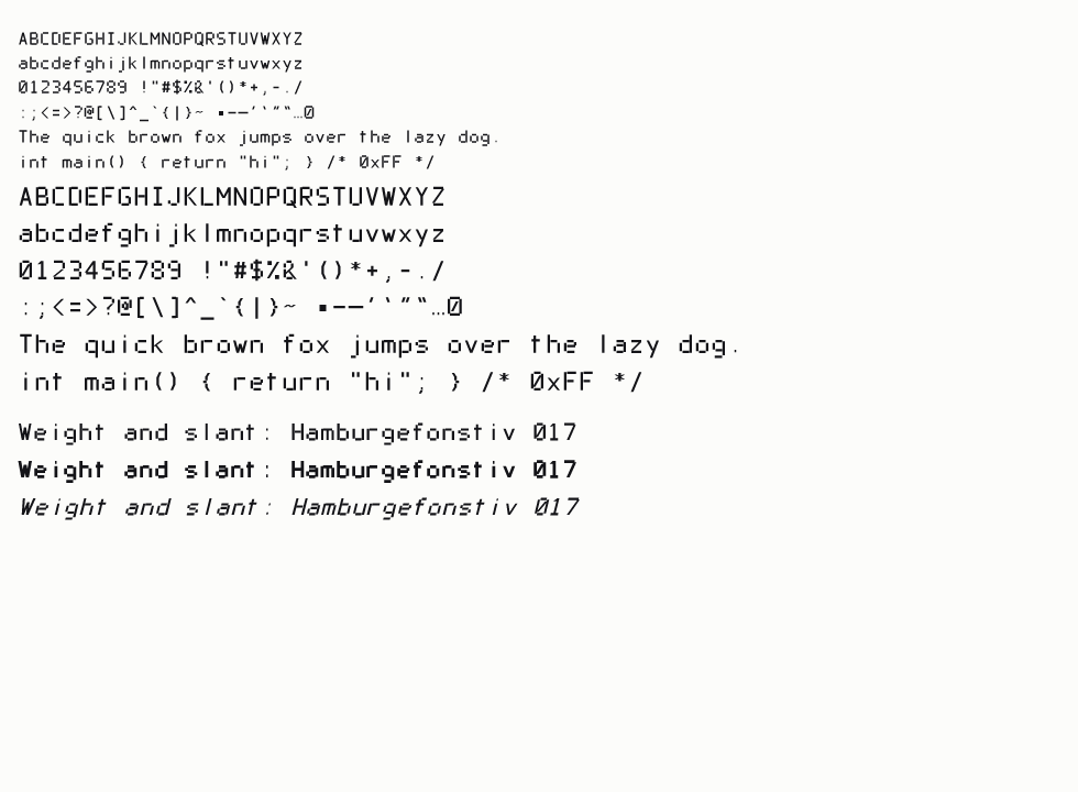 The Sashfold Mono typeface sampler: uppercase, lowercase, digits, punctuation, and weight and slant variants at several sizes
